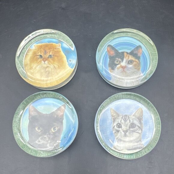 VTG Round Thick Clear Glass Felt Bottom Unique Cat Paperweights Set Of 4 - Picture 1 of 13